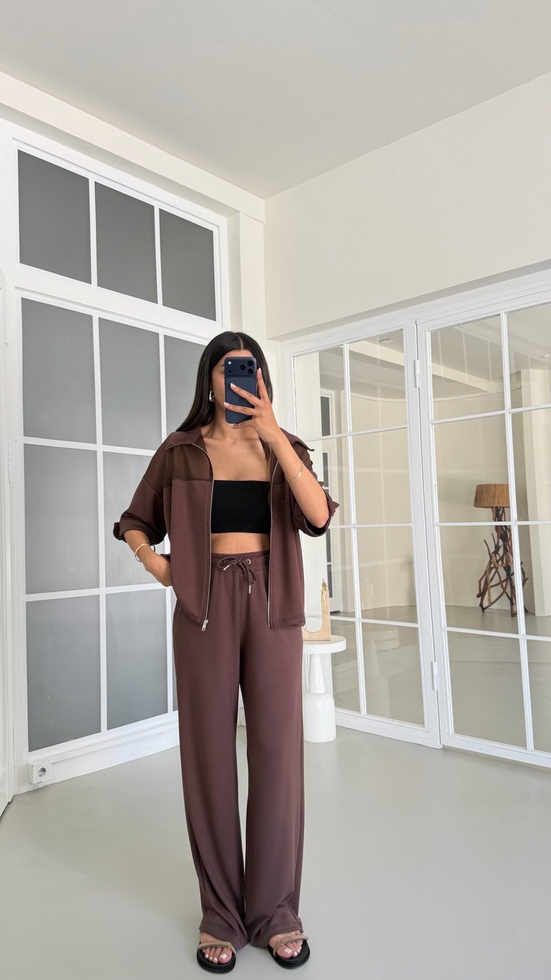 Kahve Fileli Hırka Beli Lastikli Pantolon İkili Modal Takım GAUS-01640