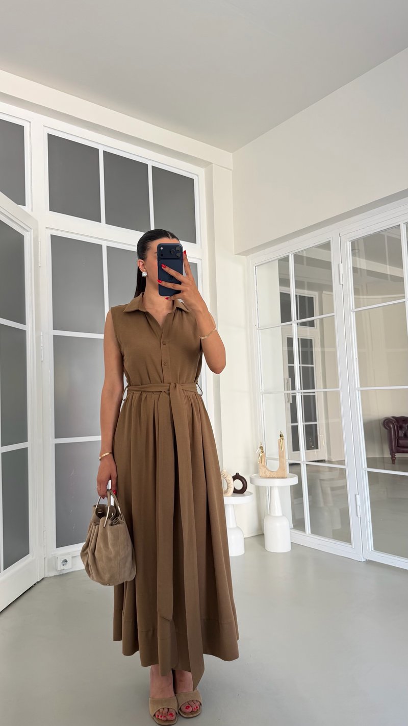 Kahve Sıfır Kol Kuşaklı Keten Elbise GAUS-01832