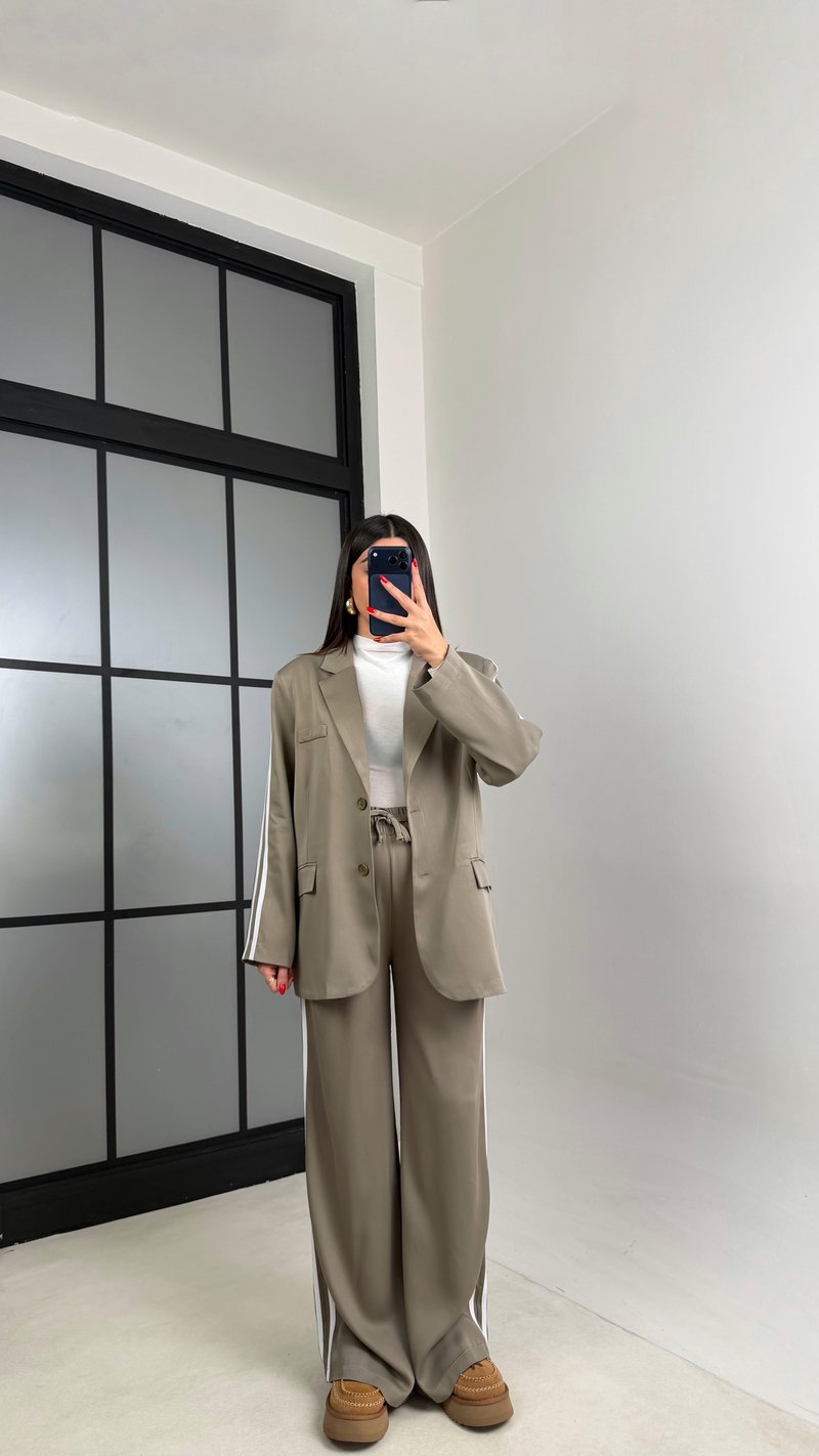 Açık Yeşil Astarlı Vatkalı Blazer Ceket Beli Lastikli Pantolon Şerit Detaylı Premium Takım GAUS-00934