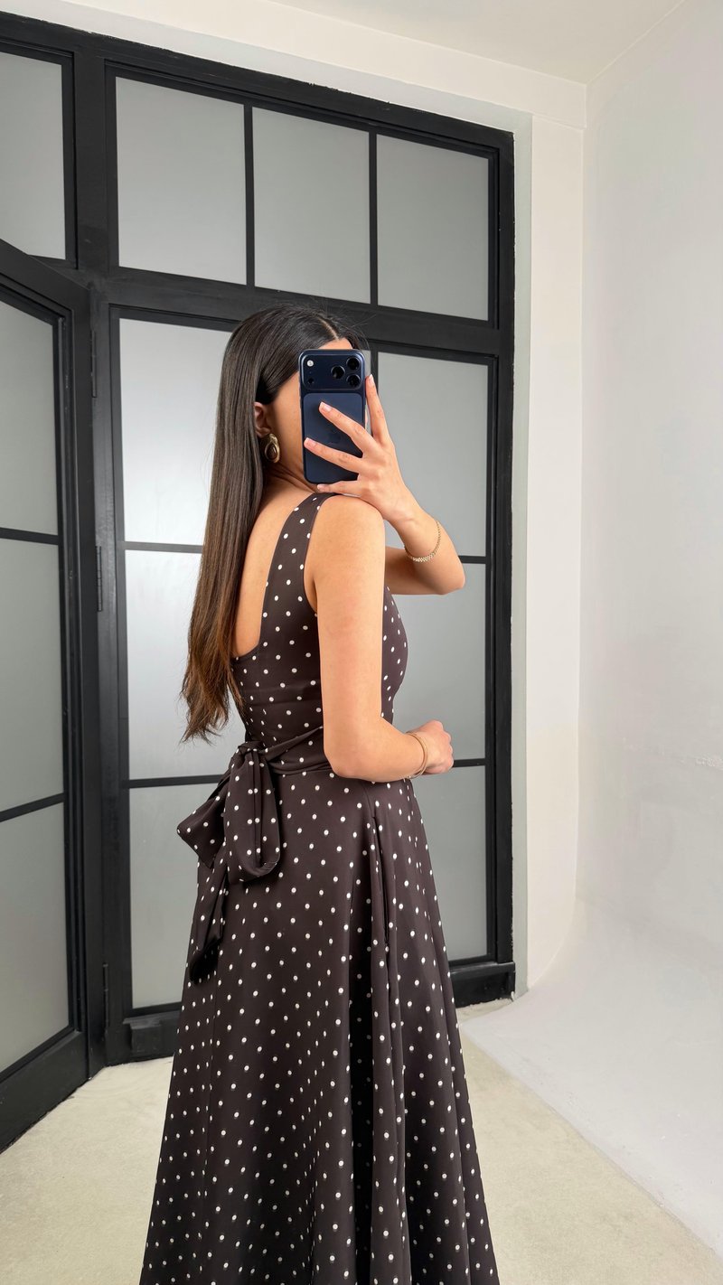 Acı Kahve Kuşaklı Puantiye Desenli Elbise GAUS-01372