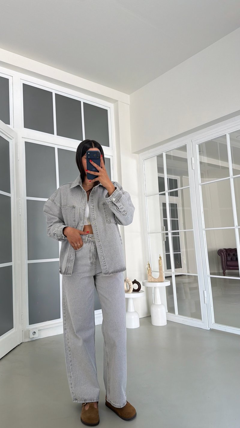 Gri Çizgi Detaylı Gömlek Pantolon İkili Denim Takım GAUS-01882