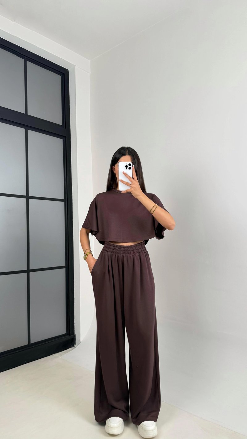 Kahve Crop Beli Lastikli Palazzo Eşofman İkili Modal Kumaş Takım GAUS-01219