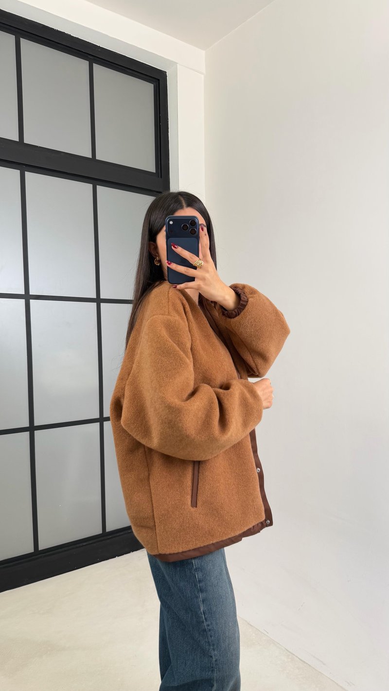 Kahve Çıtçıt Düğmeli Astarlı Peluş Ceket GAUS-00632