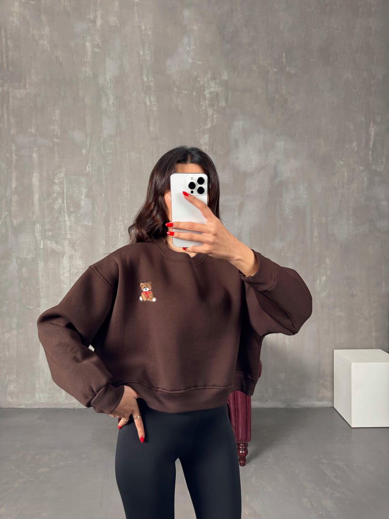 Tedy Kahve Ayıcık İşlemeli Şardonlu Sweat 