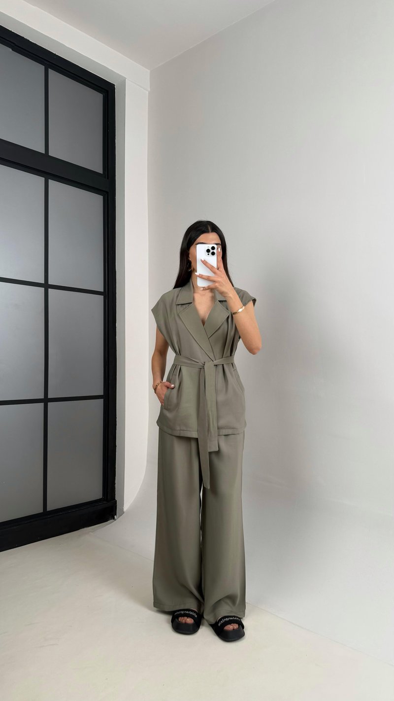 Haki Cepli Kuşaklı Yelek Beli Lastikli Pantolon Tencel Takım Gaus00433