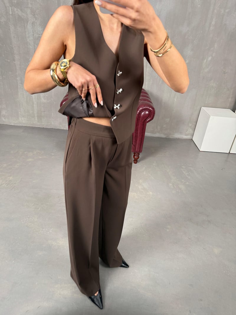 Diana Kahve Fiyonk Düğmeli Astarlı Yelek Pantolon İkili Premium Takım