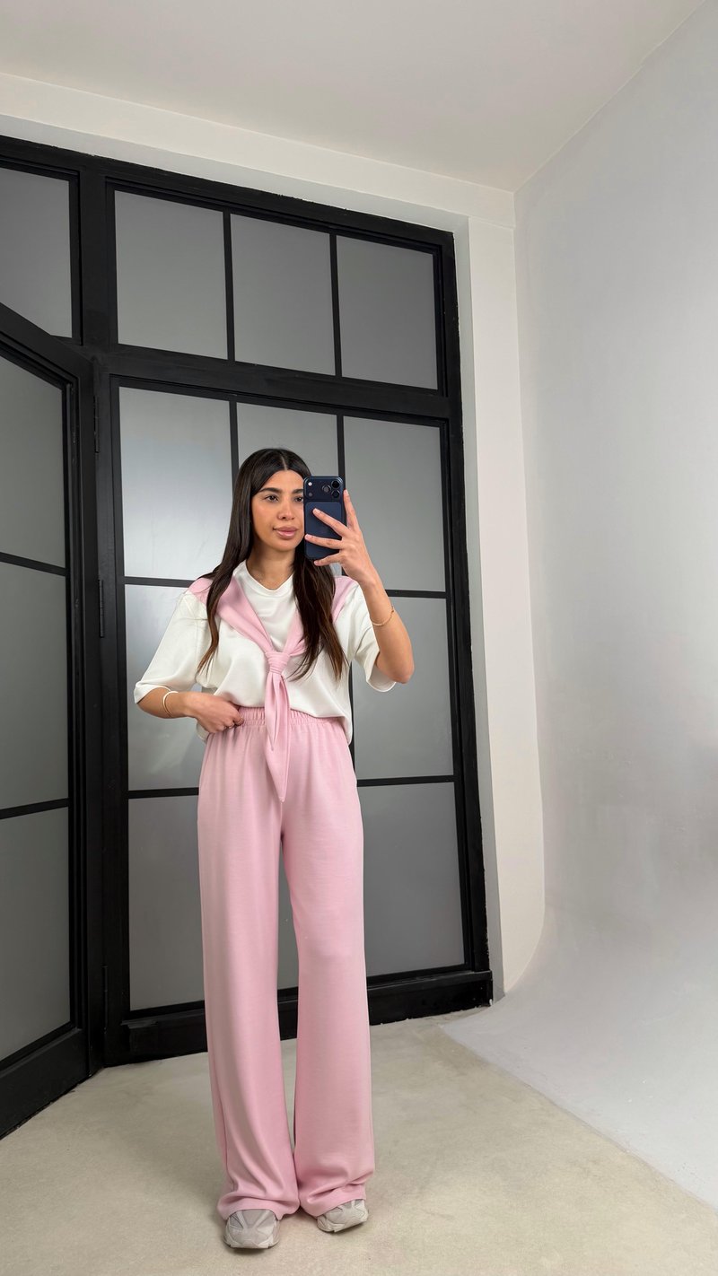 Pembe Şal Detaylı Basic Tshirt Beli Lastikli Pantolon İkili Eşofman Takımı GAUS-01284