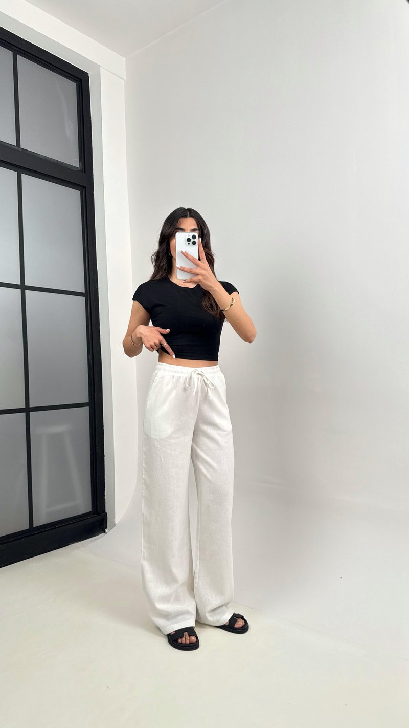 Beyaz Beli Lastikli Muadil Keten Pantolon Gaus00346