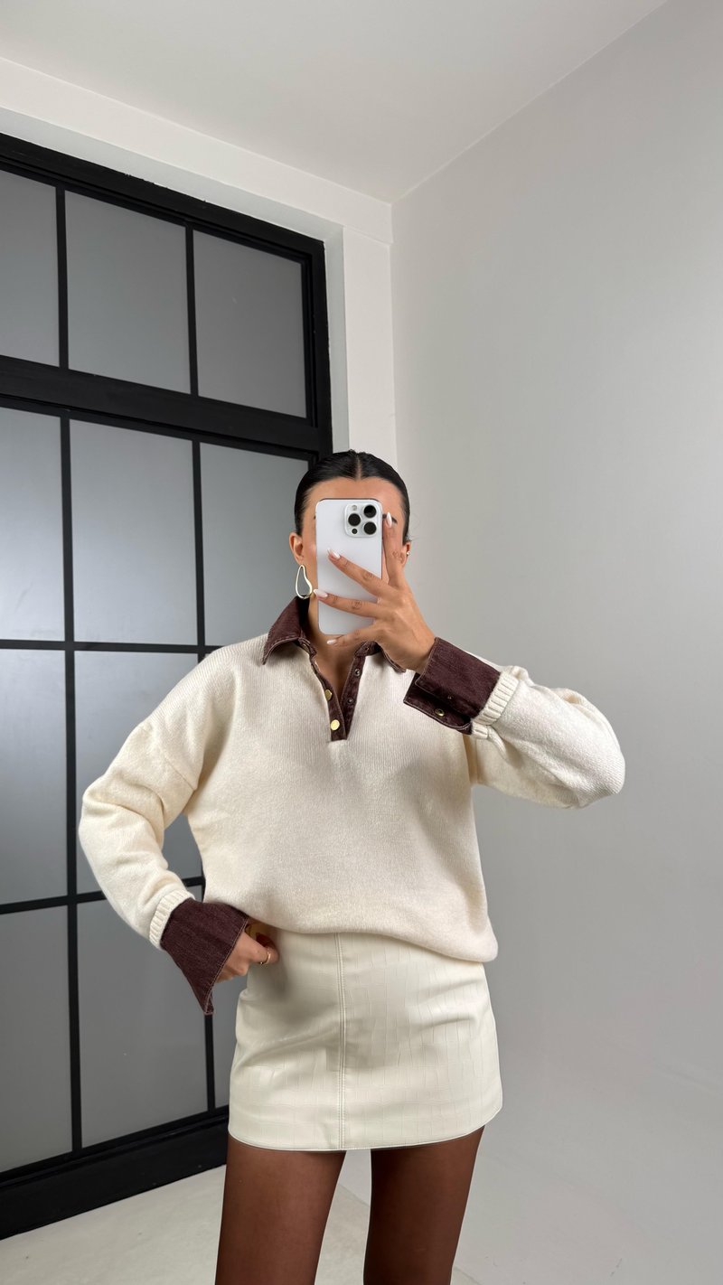 Krem Denim Yaka Detaylı Kazak GAUS-00507