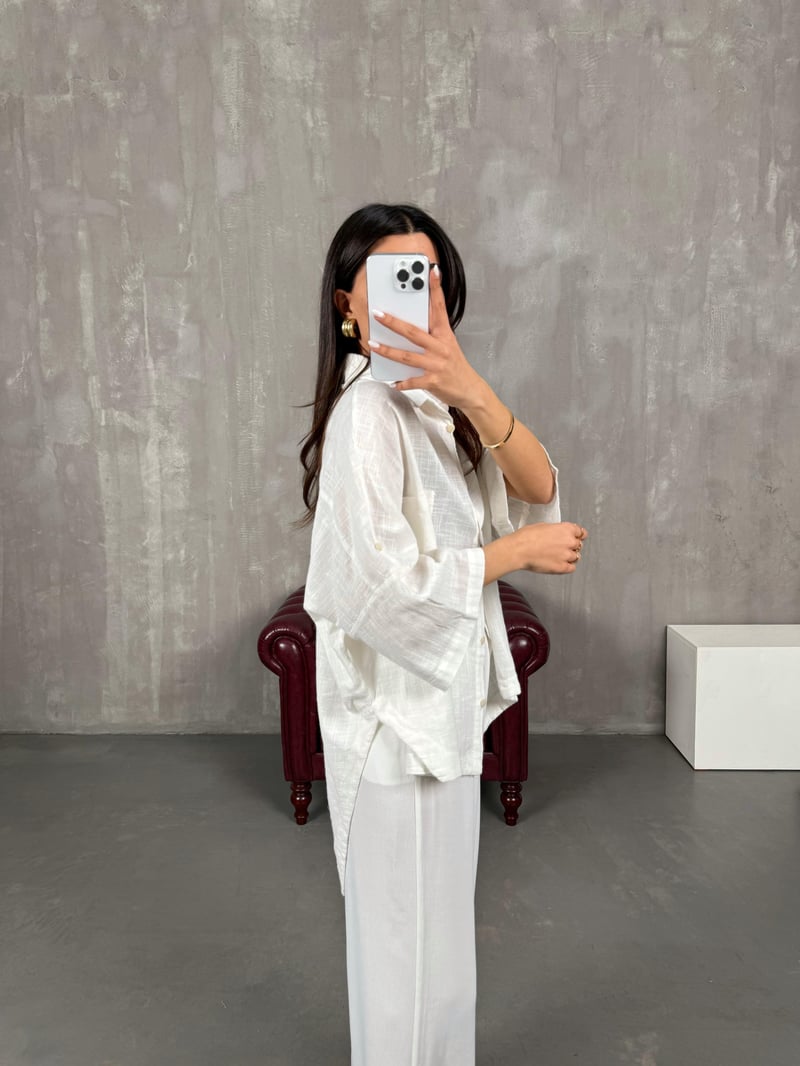 Beyaz Kısa Kollu Keten Oversize Gömlek Gaus00065