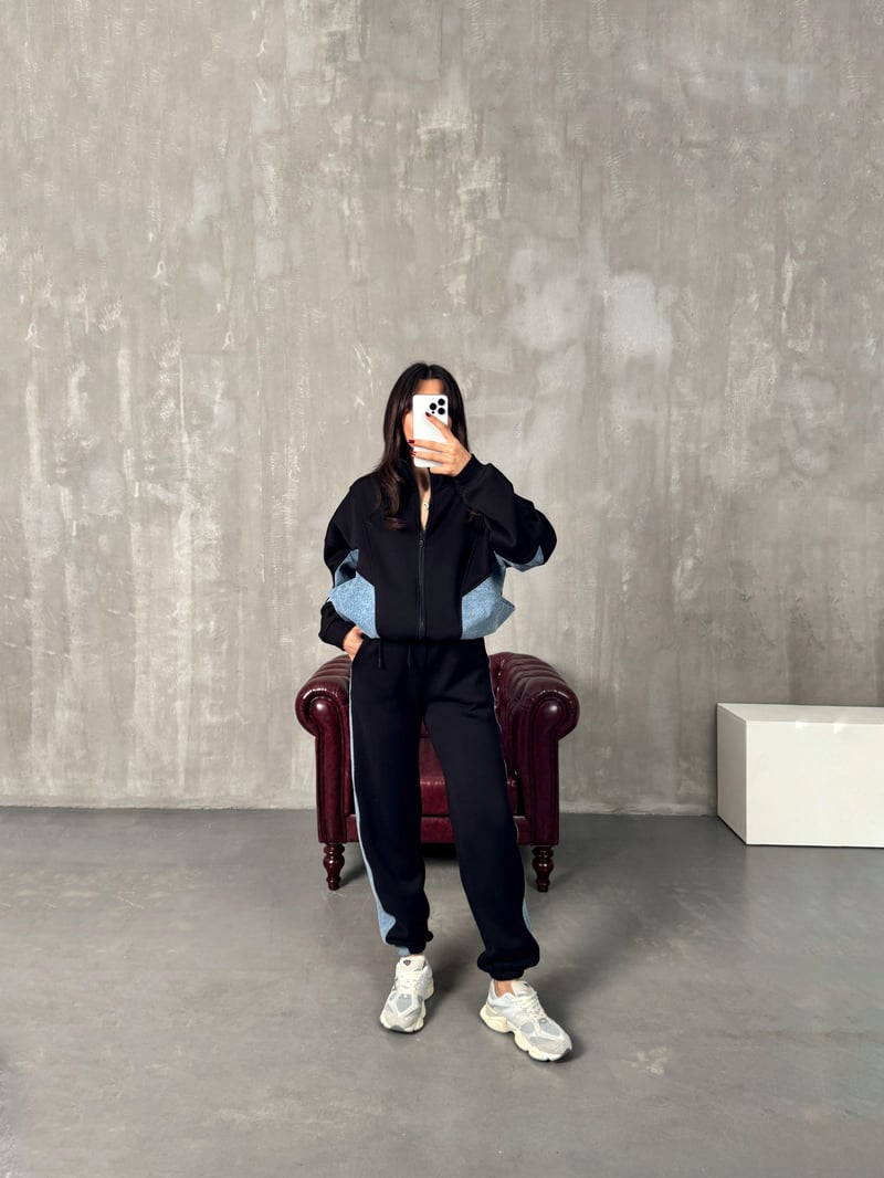 Lome Siyah Denim Karışımlı Şardonlu Oversize Takım