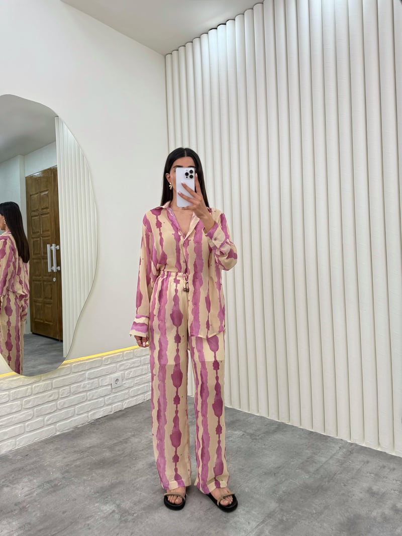 Pembe Yarım Astarlı Desenli Tül Şifon Takım Gaus00281