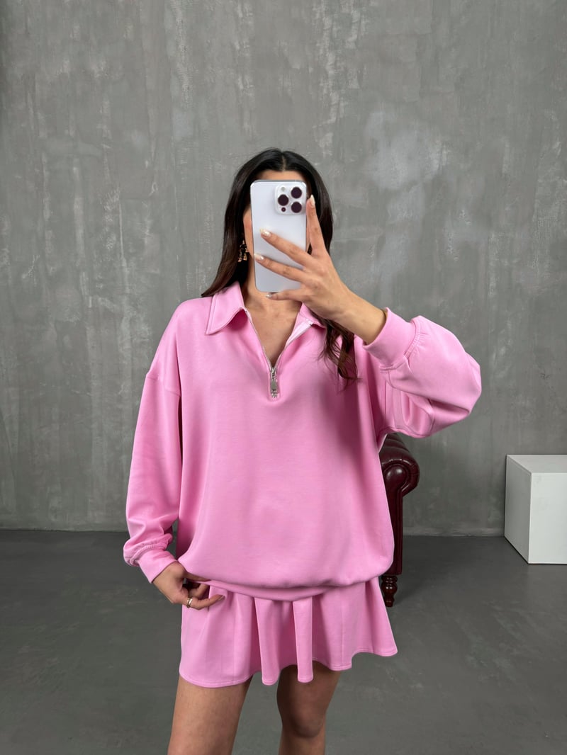 Mizu Pembe Yaka Fermuarlı Sweat Pileli Şortlu Etek Modal Takım