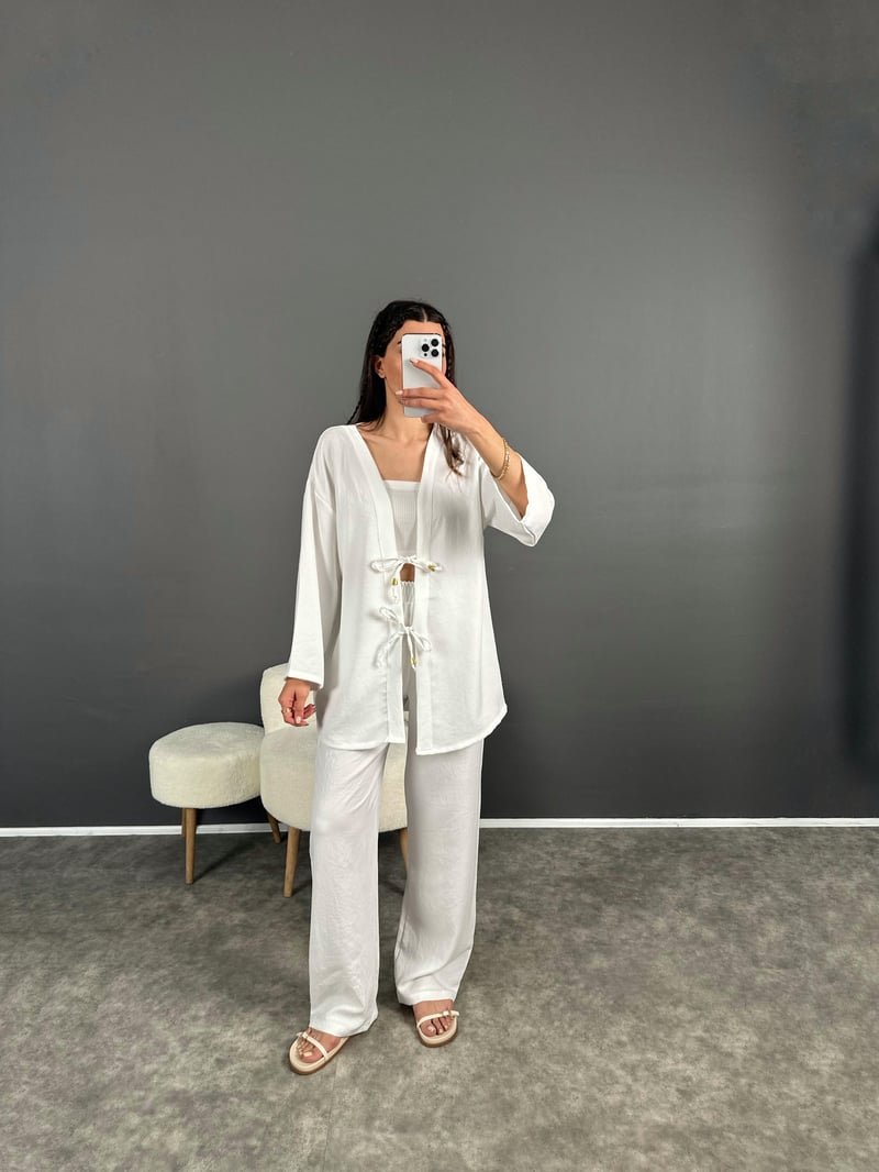 Gai Beyaz Kimono Keten Takım 