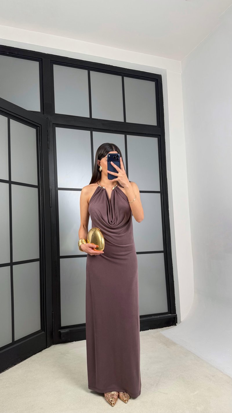 Kahve Kolye Detaylı Premium Modal Kumaş Elbise GAUS-01367
