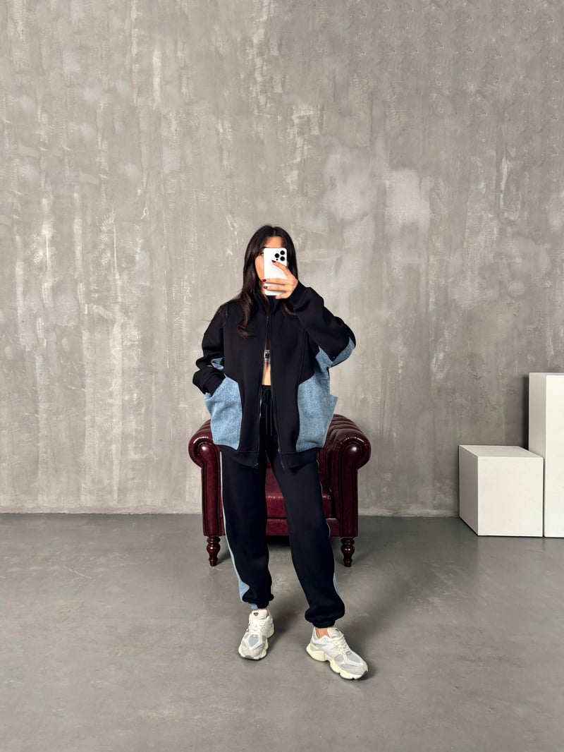 Lome Siyah Denim Karışımlı Şardonlu Oversize Takım
