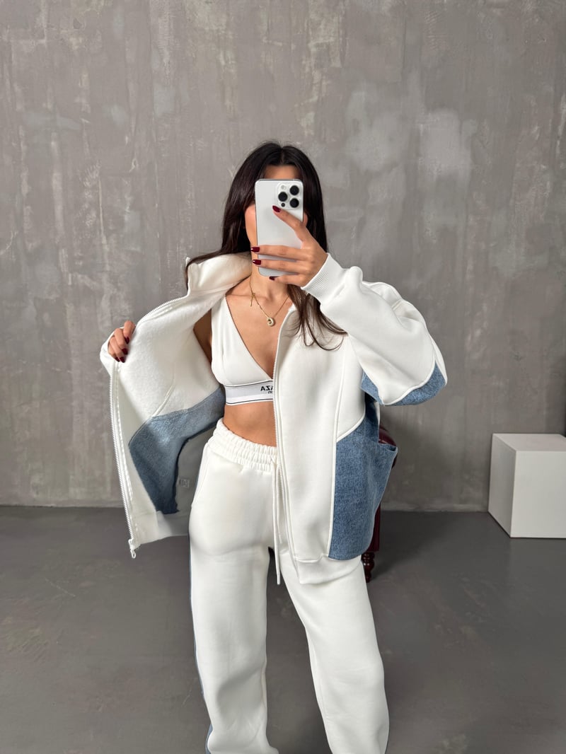Lome Beyaz Denim Karışımlı Şardonlu Oversize Takım
