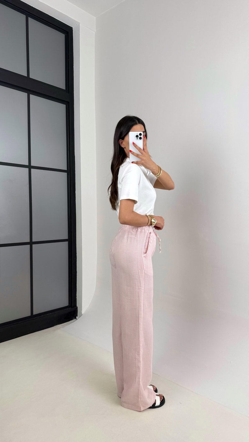 Pembe Beyaz Şeritli Beli Lastikli Keten Pantolon Gaus00479