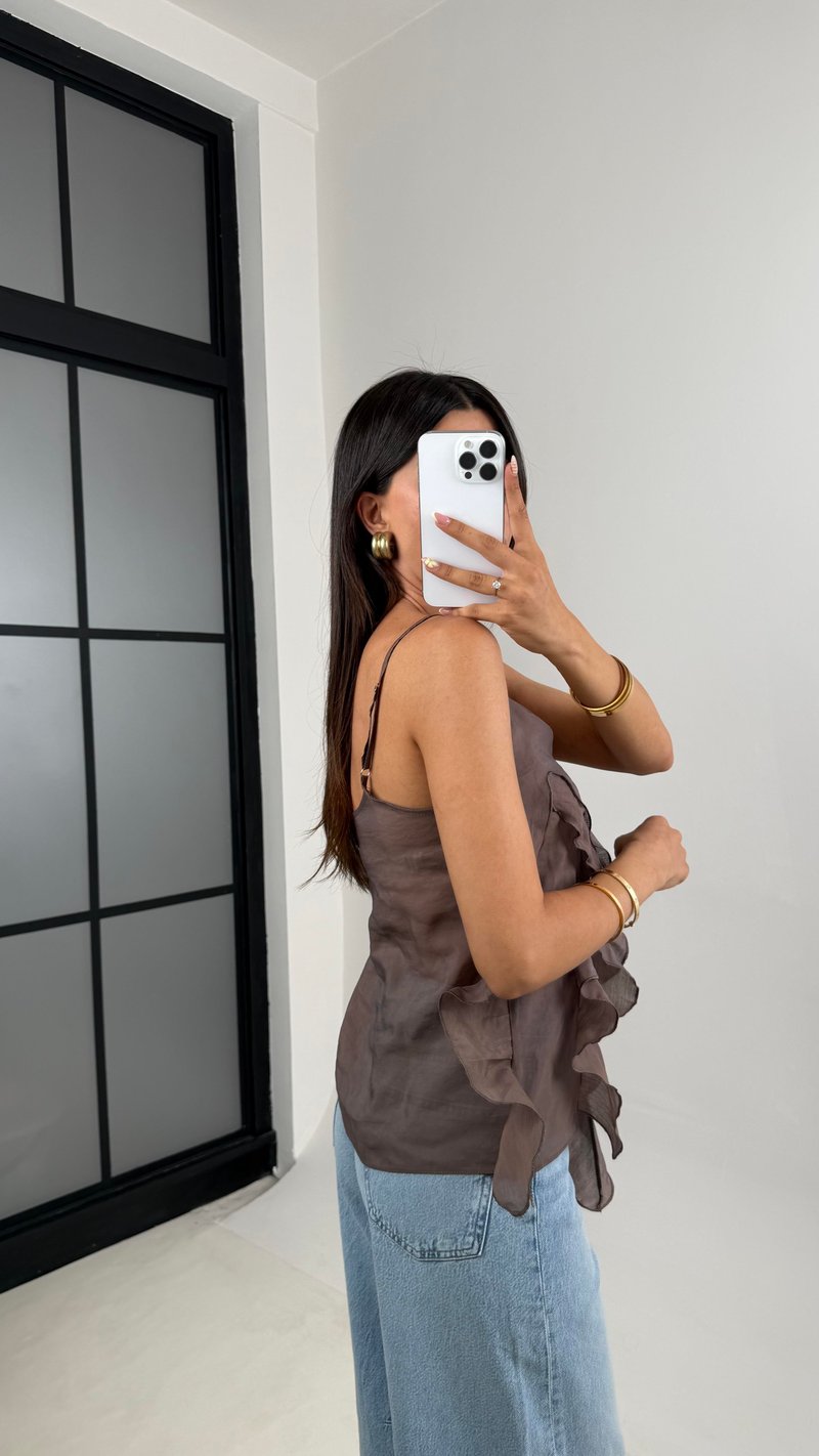 Kahve Ayarlanabilir Askılı MD Muadil Fırfır Detaylı Bluz Gaus00665