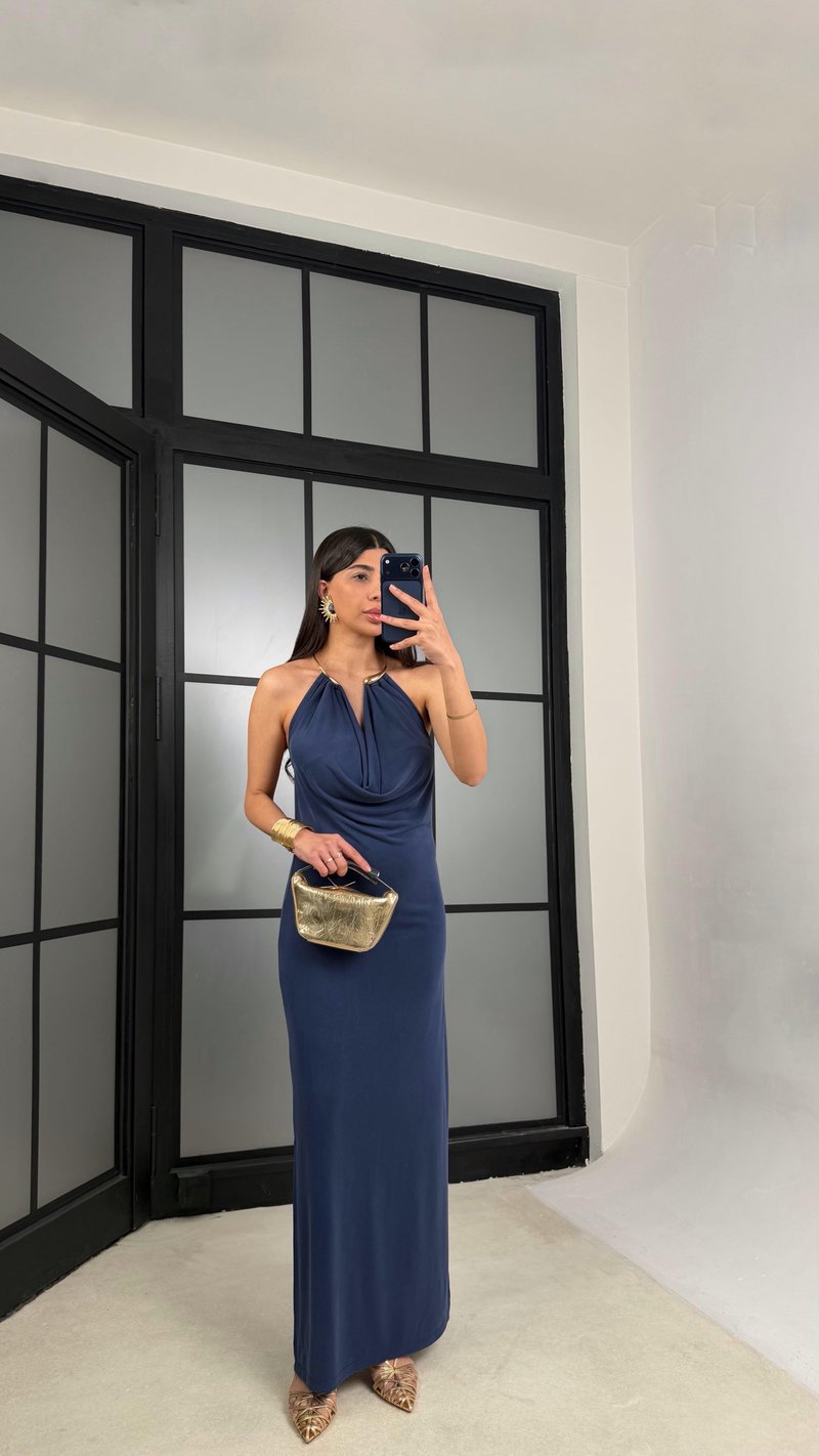 Lacivert Kolye Detaylı Premium Modal Kumaş Elbise GAUS-01367