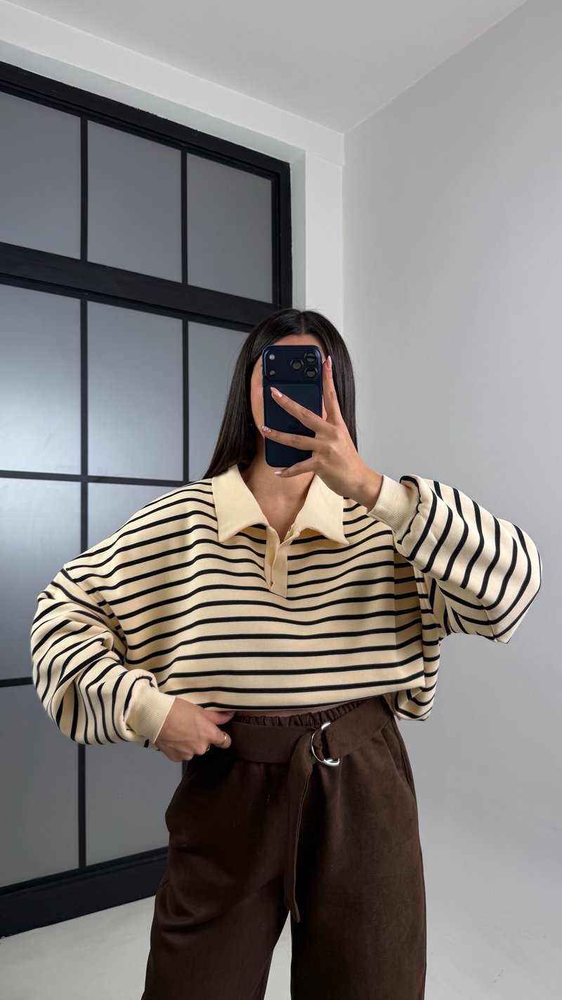 Siyah Polo Yaka Çizgili Sweatshirt GAUS-00827