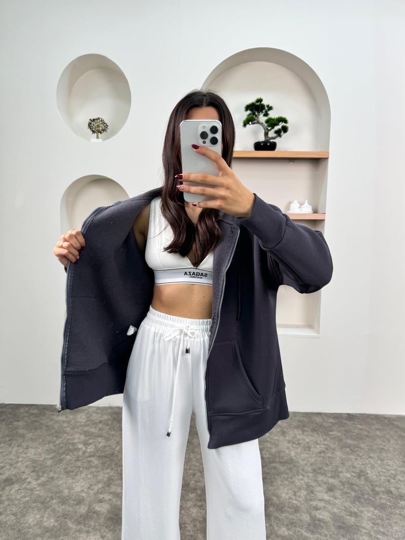 Khloe Antrasit Üç İplik Şardonlu Kapüşonlu Fermuarlı Sweatshirt