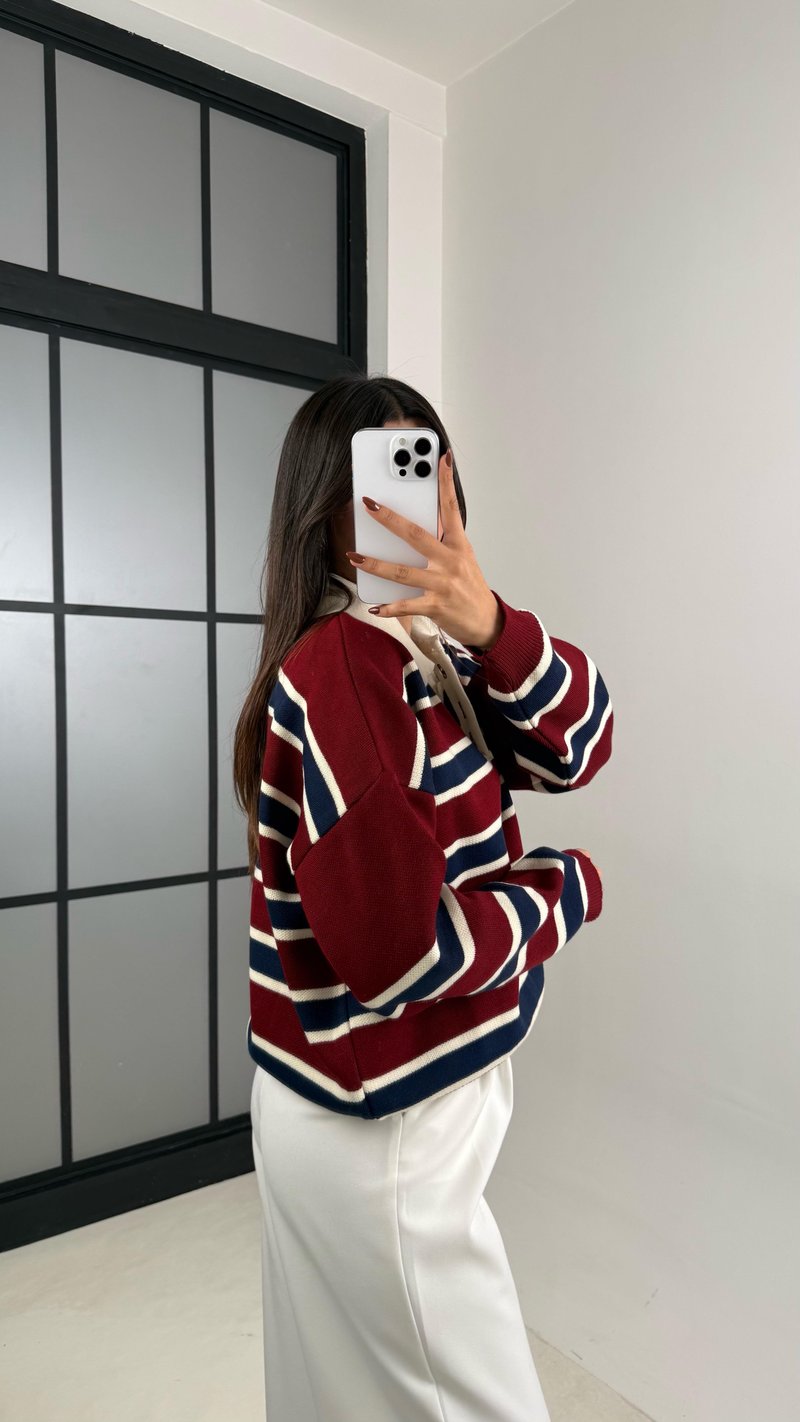 Bordo Çizgili Polo Yaka Düğmeli Kazak GAUS-00115