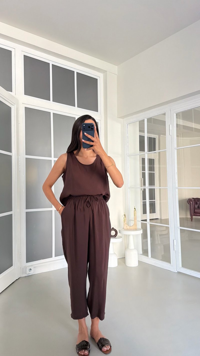 Kahve Bluz Beli Lastikli Pantolon İkili Tencel Takım GAUS-01769