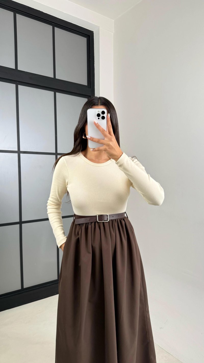Kahve Uzun Kol Beli Lastikli Kemerli Elbise GAUS-01214