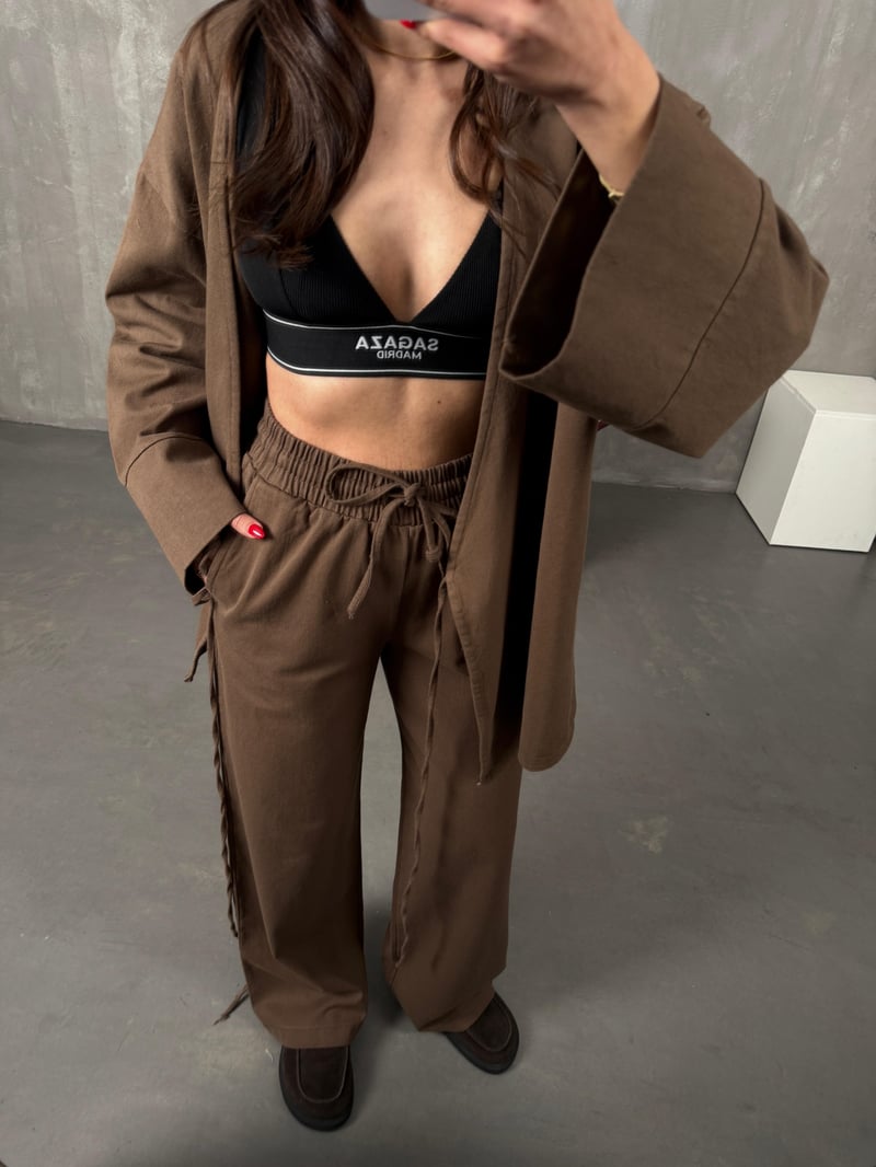 Rozali Kahve Gabardin Kimono İkili Takım