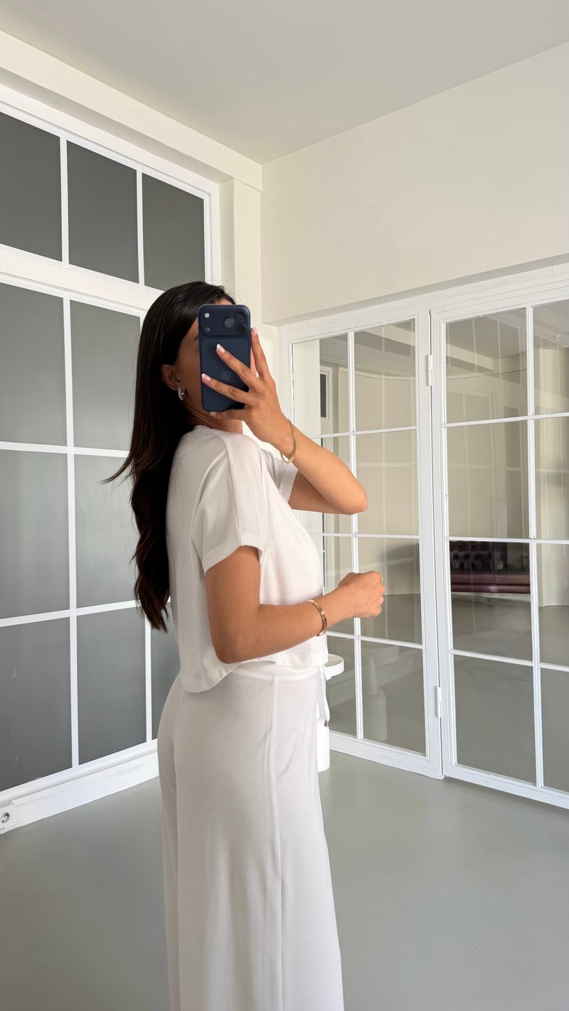Beyaz Bluz Beli Lastikli Pantolon İkili Basic Takım GAUS-01712