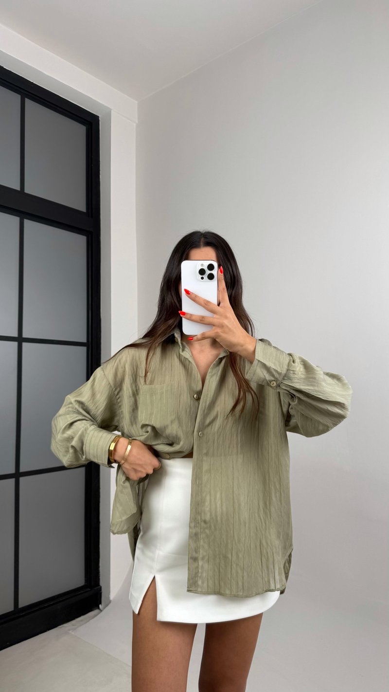 Haki Şerit Desenli Kırışık Tencel Gömlek GAUS-0032