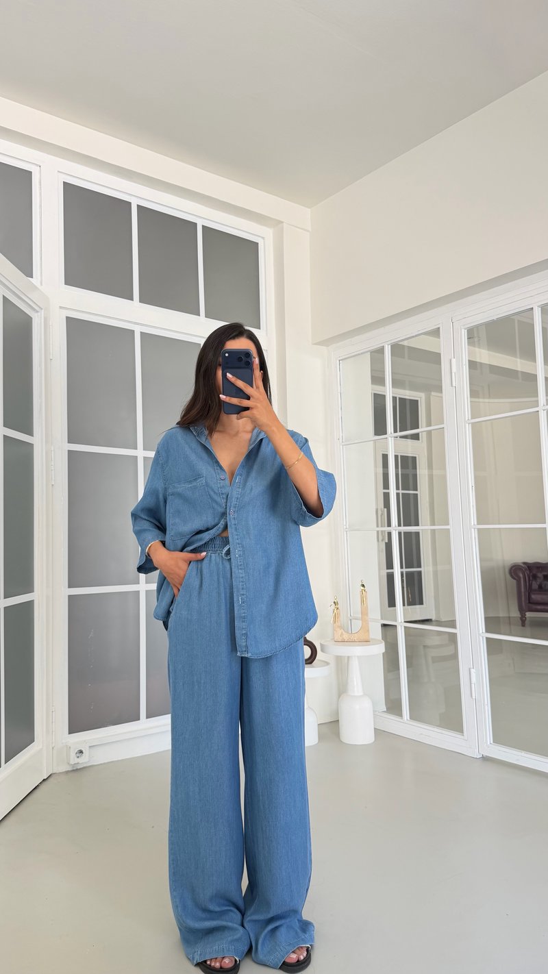 Mavi Gömlek Beli Lastikli Pantolon İkili Tencel Denim Takım GAUS-01791