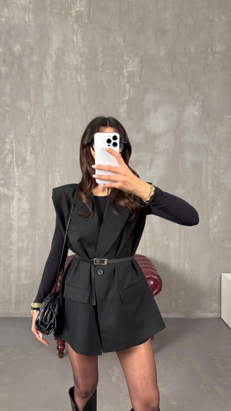 Siyah Astarlı Vatkalı Kemerli Premium Yelek GAUS-01139