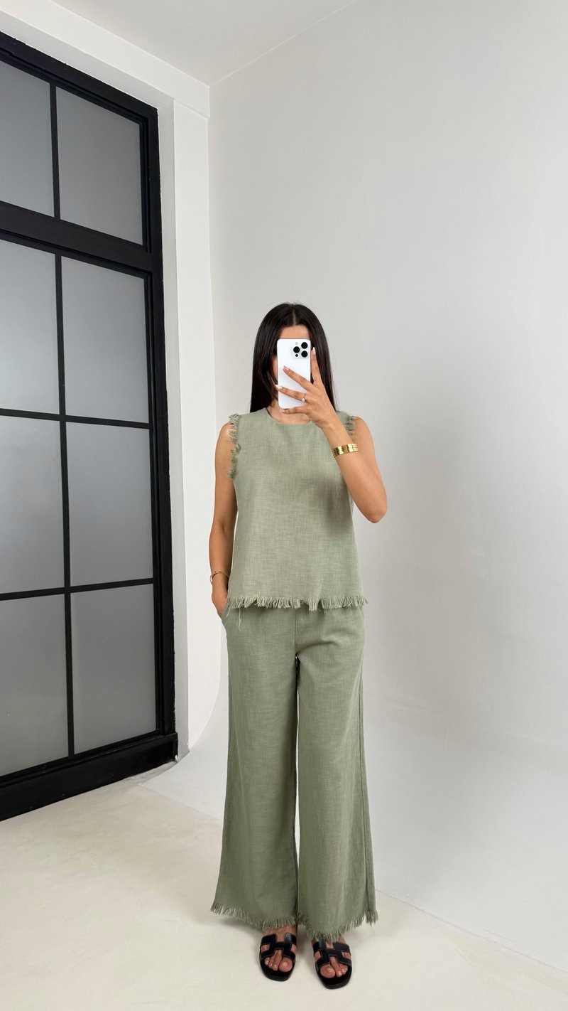 Yeşil Püskül Detaylı Bluz Beli Lastikli Cepli Pantolon Keten Takım Gaus00646 
