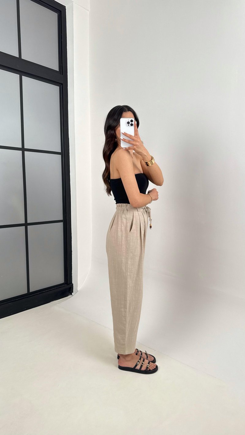 Taş Cepli Kuşaklı Balon Keten Pantolon Gaus00383