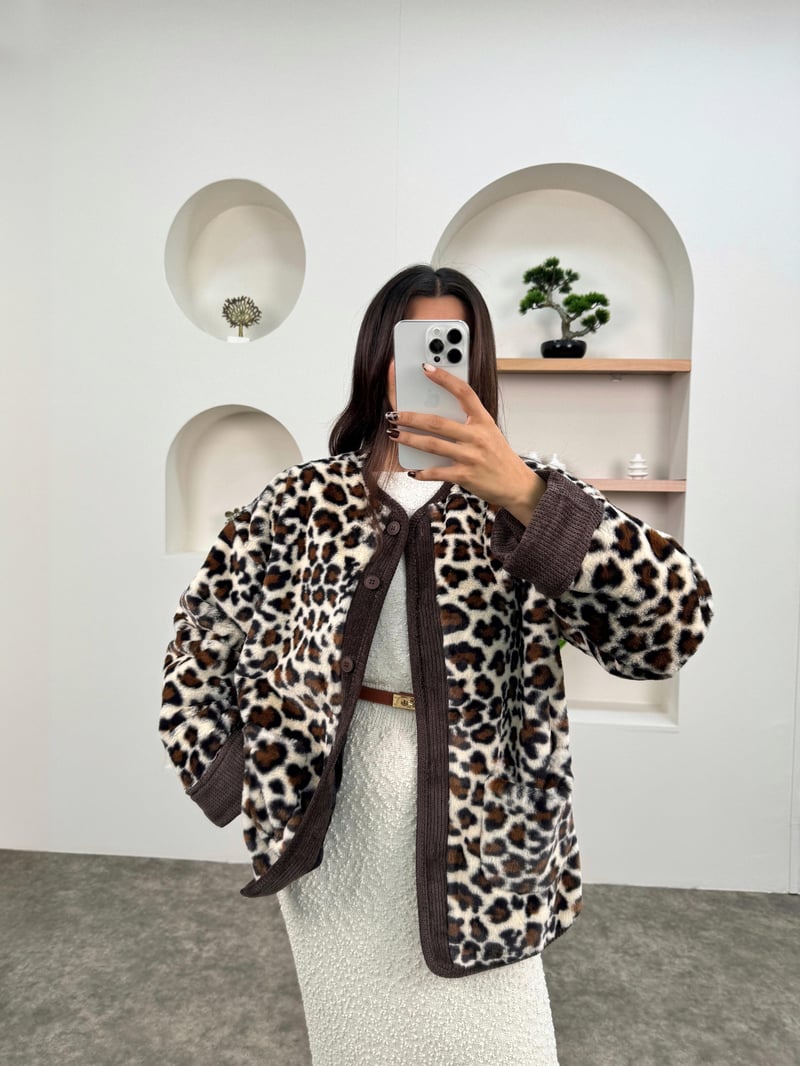 Tirel Kahve Leopar Desenli Peluş Tasarım Ceket