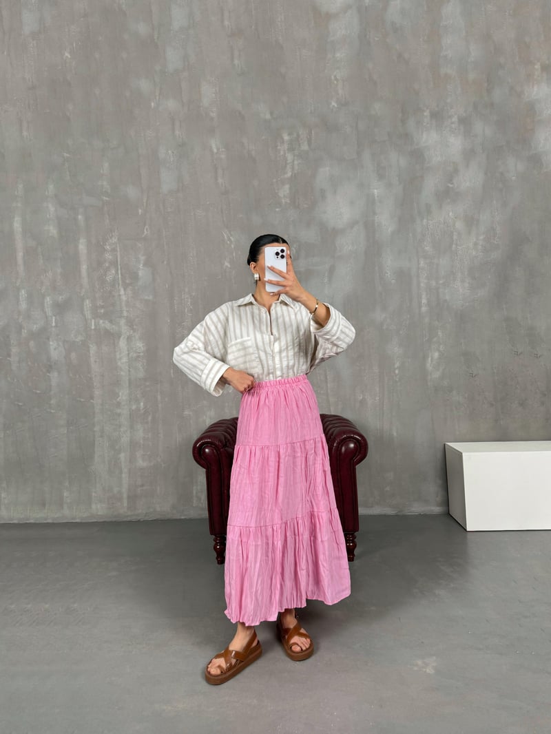 Pink Crinkle Flared Skirt with Elastic Waist Gaus00018