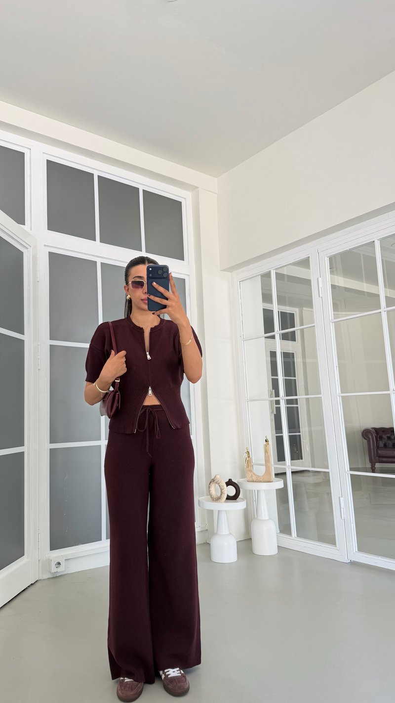 Mürdüm Çift Fermuarlı Bluz Beli Lastikli Pantolon İkili Triko Takım GAUS-01902