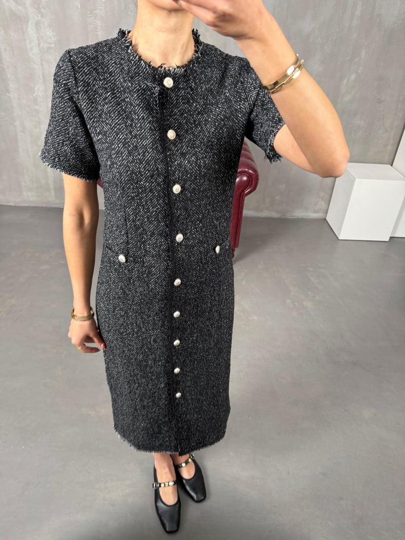 Majo Black Lined Textured Midi Dress with Button Detail