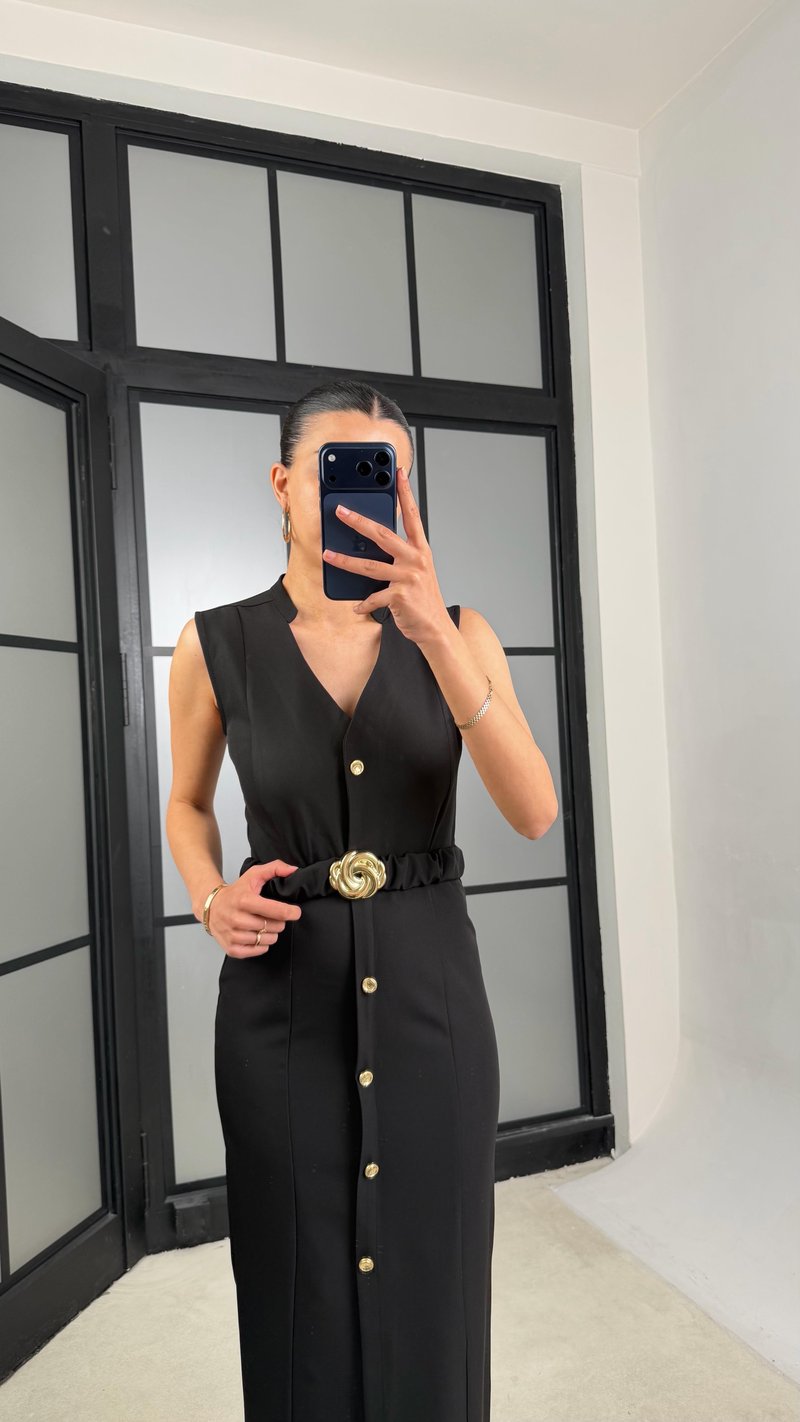 Siyah Kuşaklı Gold Düğme Detaylı Premium Elbise GAUS-01448