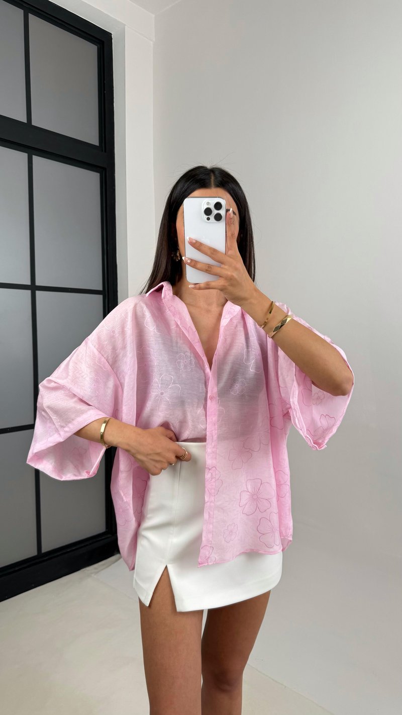 Pembe Çiçek Desenli Tencel Gömlek Gaus00544