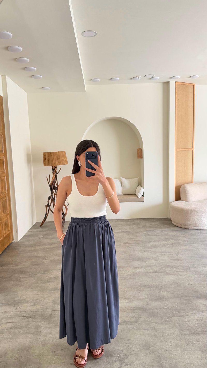 Lacivert Beli Lastikli Tencel Etek GAUS-01321