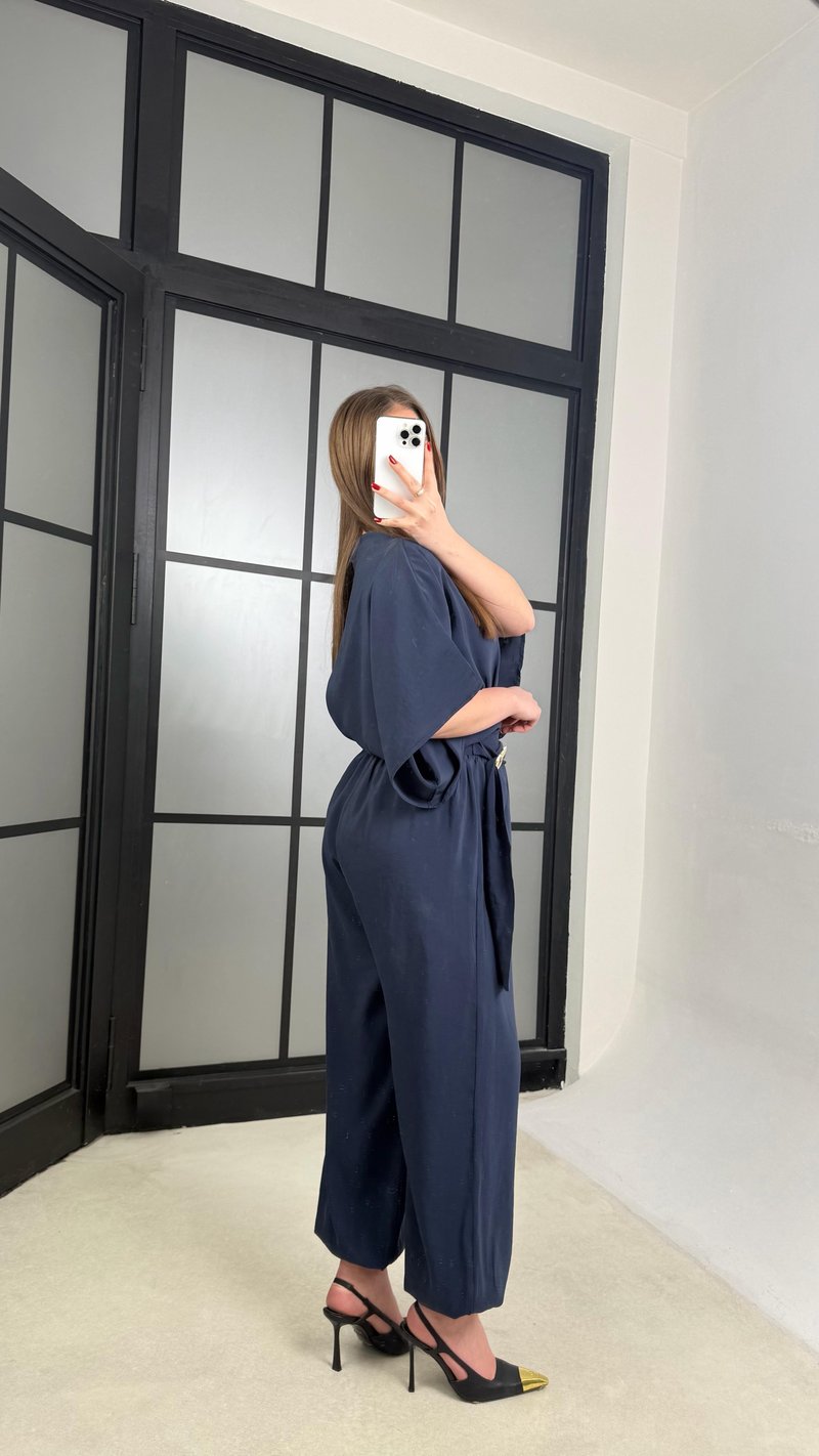 Lacivert Gold Toka Detaylı Bluz Şalvar Pantolon İkli Tasarım Takım GAUS-01271