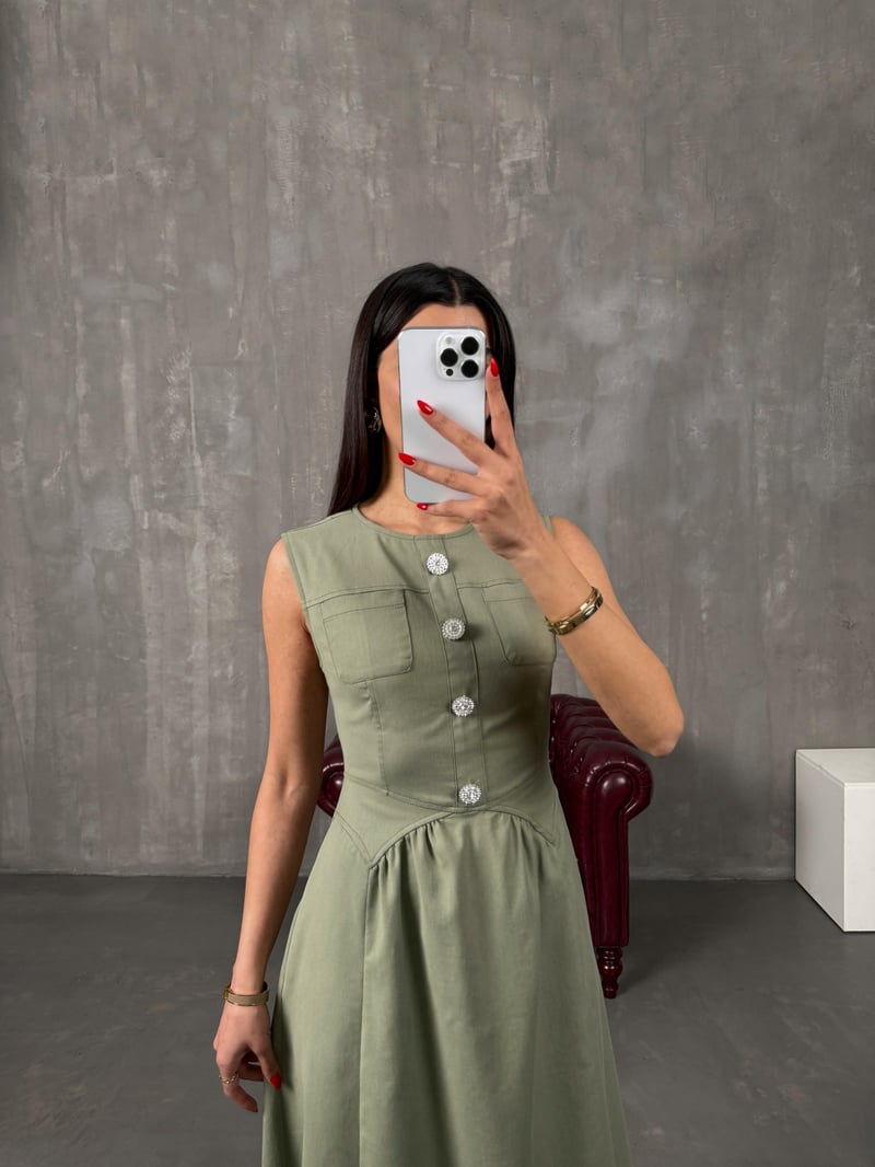 Tetra Yeşil Düğme Detaylı Sıfır Kol Fermuarlı Cepli Tensel Denim Elbise