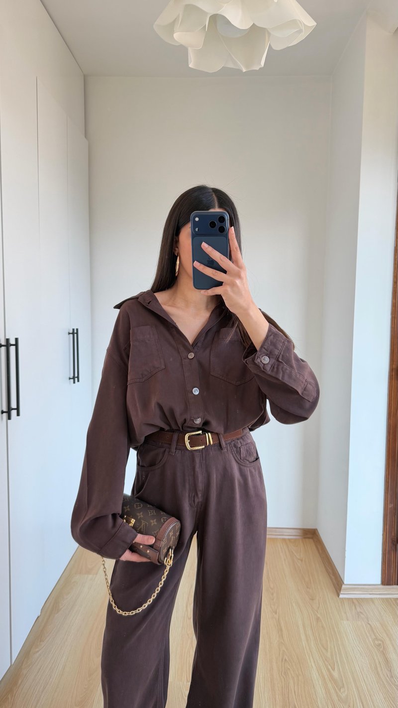 Acı Kahve Beli Lastikli Tencel Denim Tulum GAUS-01394