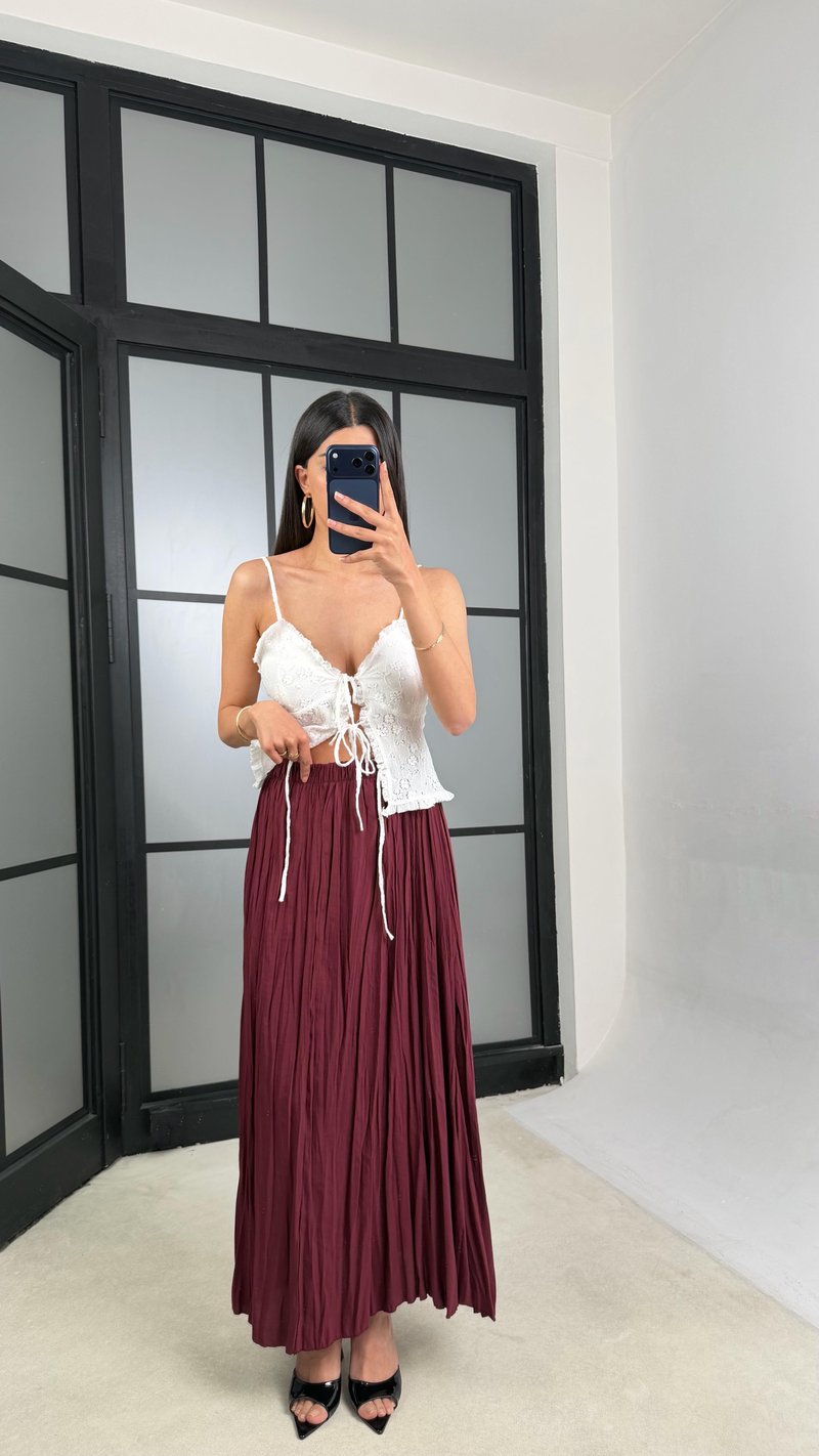 Bordo Beli Lastikli Kırışık Kumaş Etek GAUS-01320
