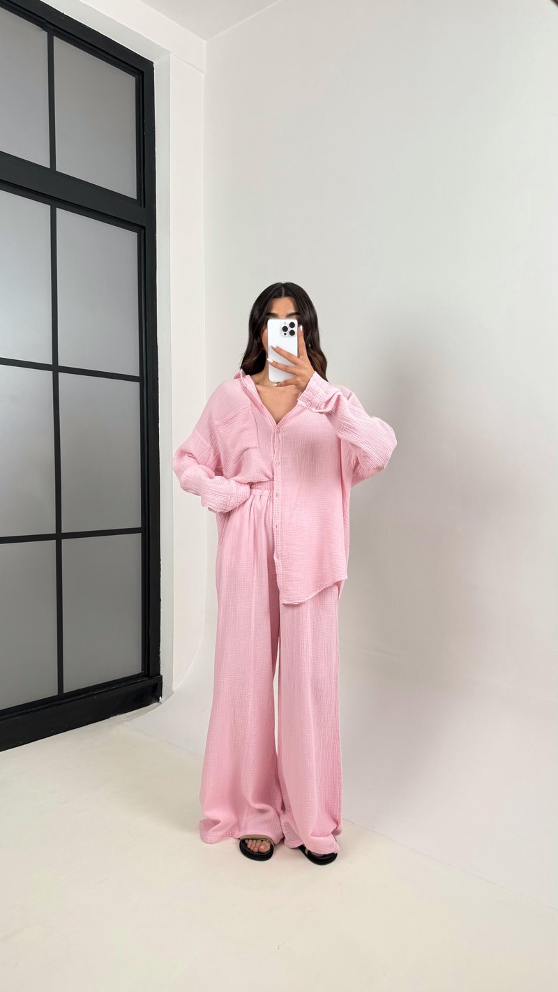 Pembe Önü Düğmeli Cepli Gömlek Beli Lastikli Pantolon Müslin Takım MSLN01 Gaus00385