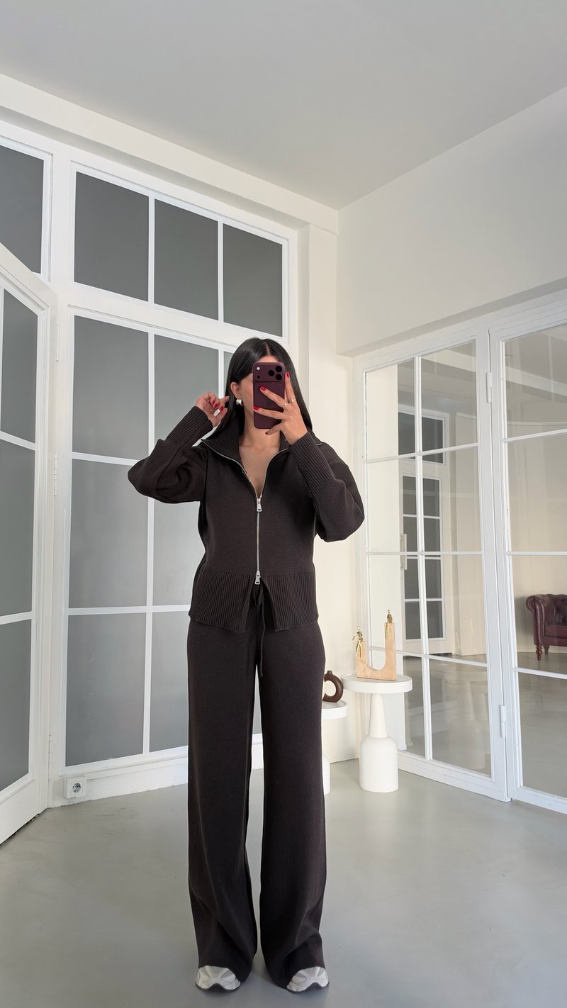 Acı Kahve Çift Fermuarlı Hırka Beli Lastikli Pantolon İkili Triko Takım GAUS-02169