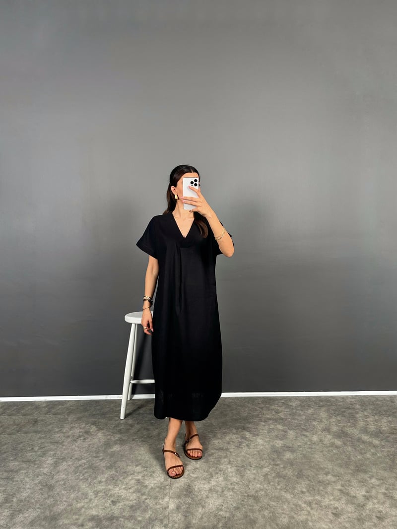 Anita Siyah V Yaka Premium Midi Keten Elbise